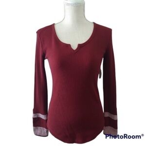 Elodie Casual Thermal Waffle Knit Long Sleeve Distressed Cuff notch v-neck top